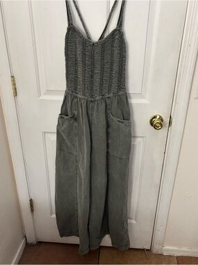 Free People Olive Green Smocked Bodice Wide-Leg Jumpsuit
